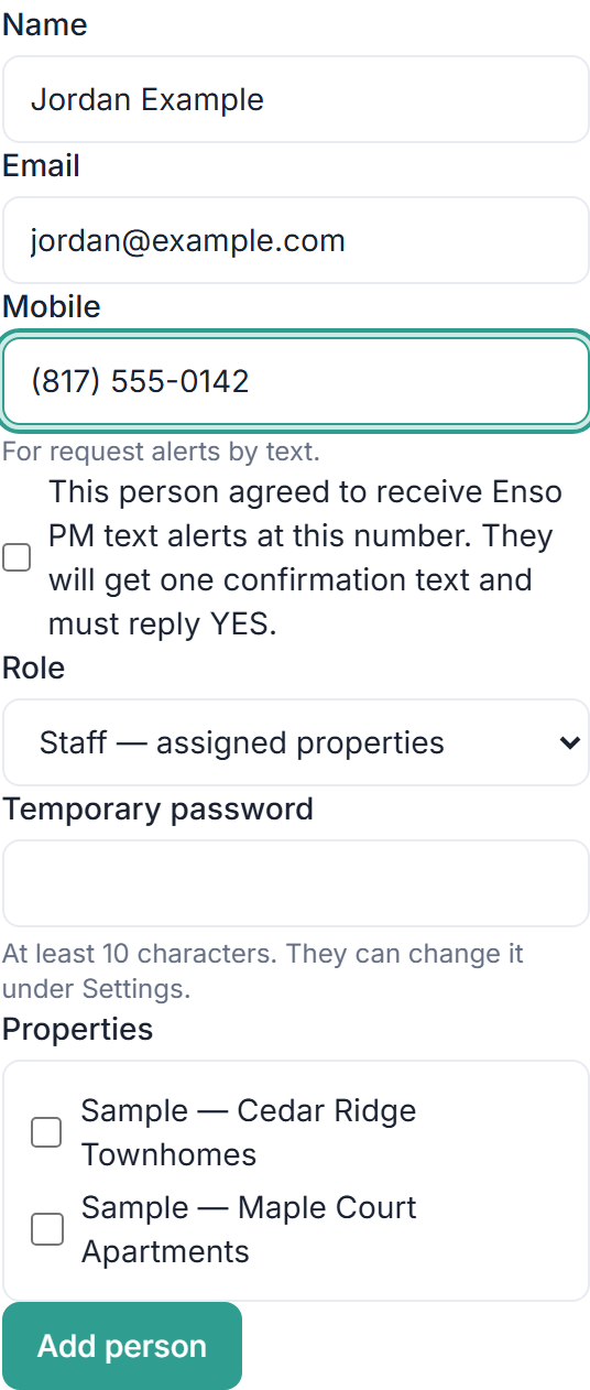 Team: add a person. Below the mobile field, an unchecked box reads: This person agreed to receive Enso PM text alerts at this number. They will get one confirmation text and must reply YES.